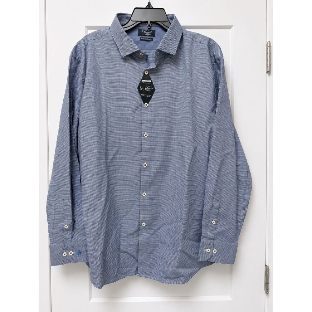 Original Penguin Men's Heritage Slim Fit Blue Check Dress Shirt 18 34/35 NWT